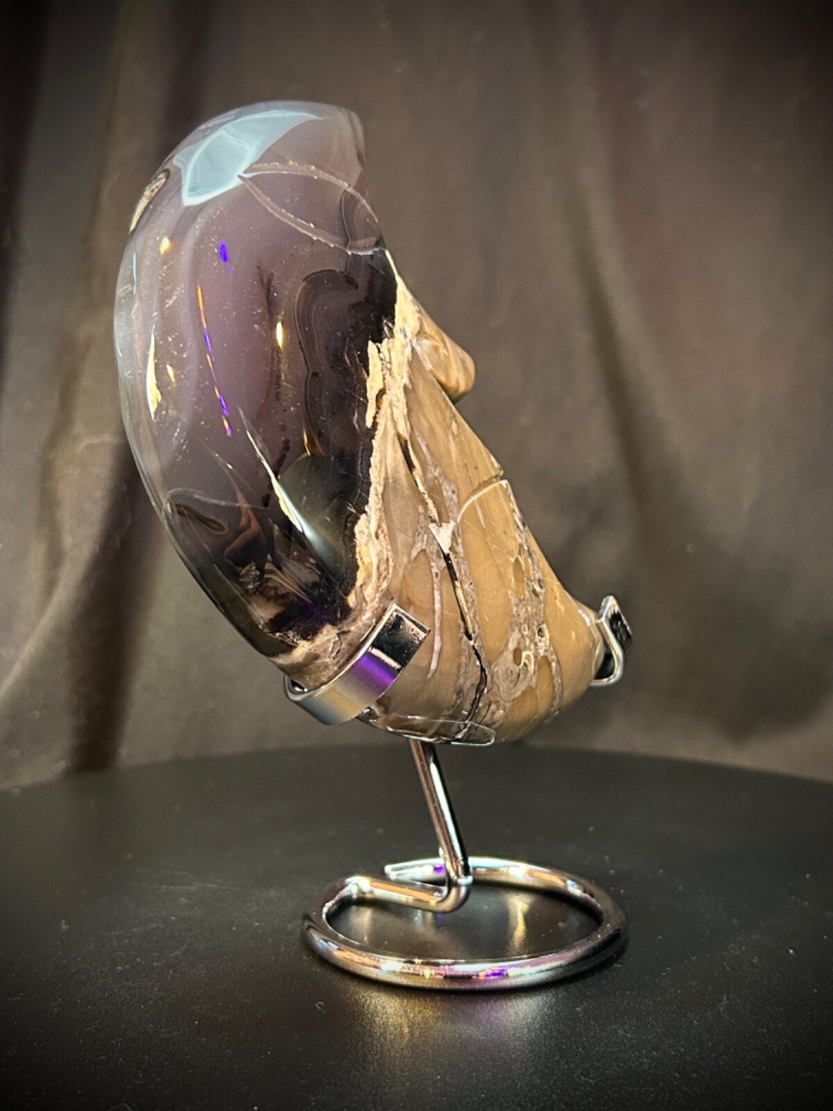 5.25″ Volcano Agate Moon With Custom Metal Stand 1lb 1 oz UV Reactive