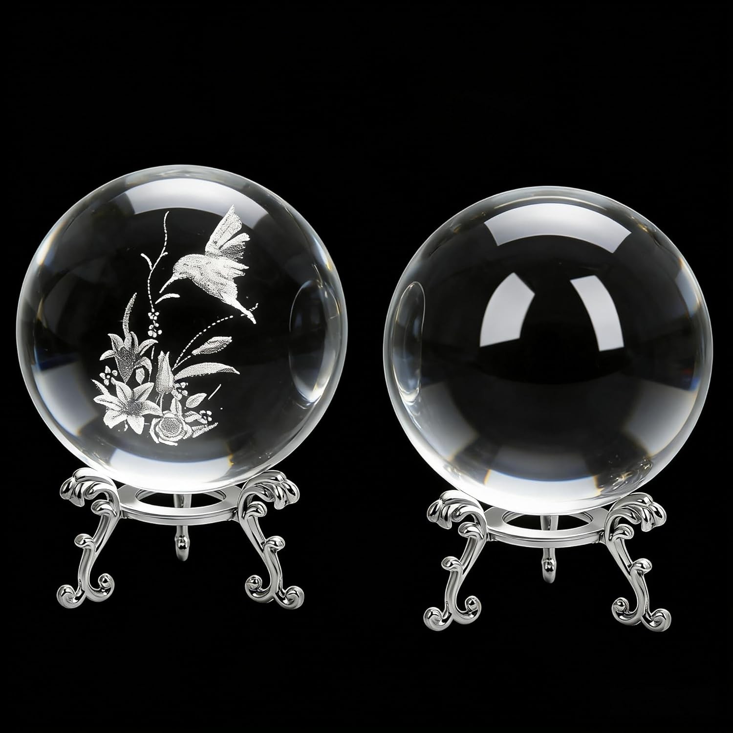 2 Crystal Balls and 2 Silver Stands – 1 Clear Ball and 1 3D Engraved Hummingbird