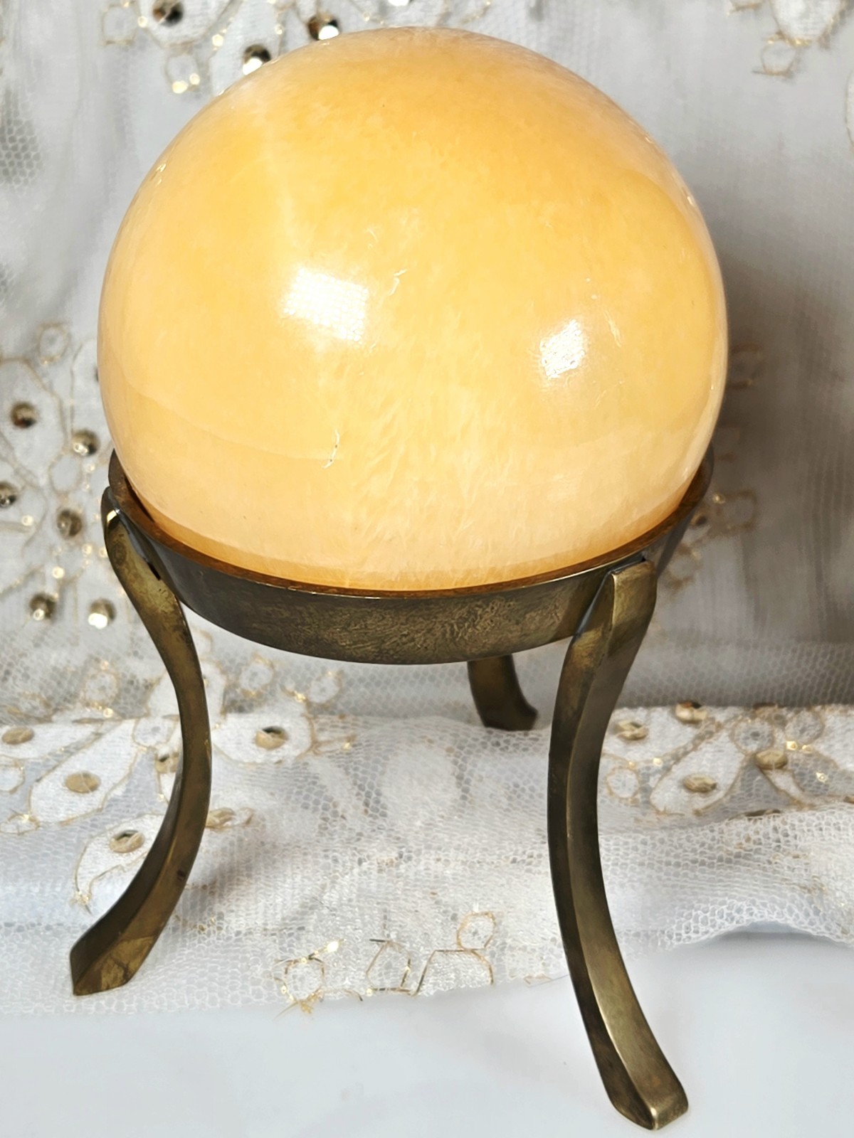 Set of 2 Honey Calcite Crystal Spheres Brass Stands 3.75″D (1,616g) 2.75″D 595g