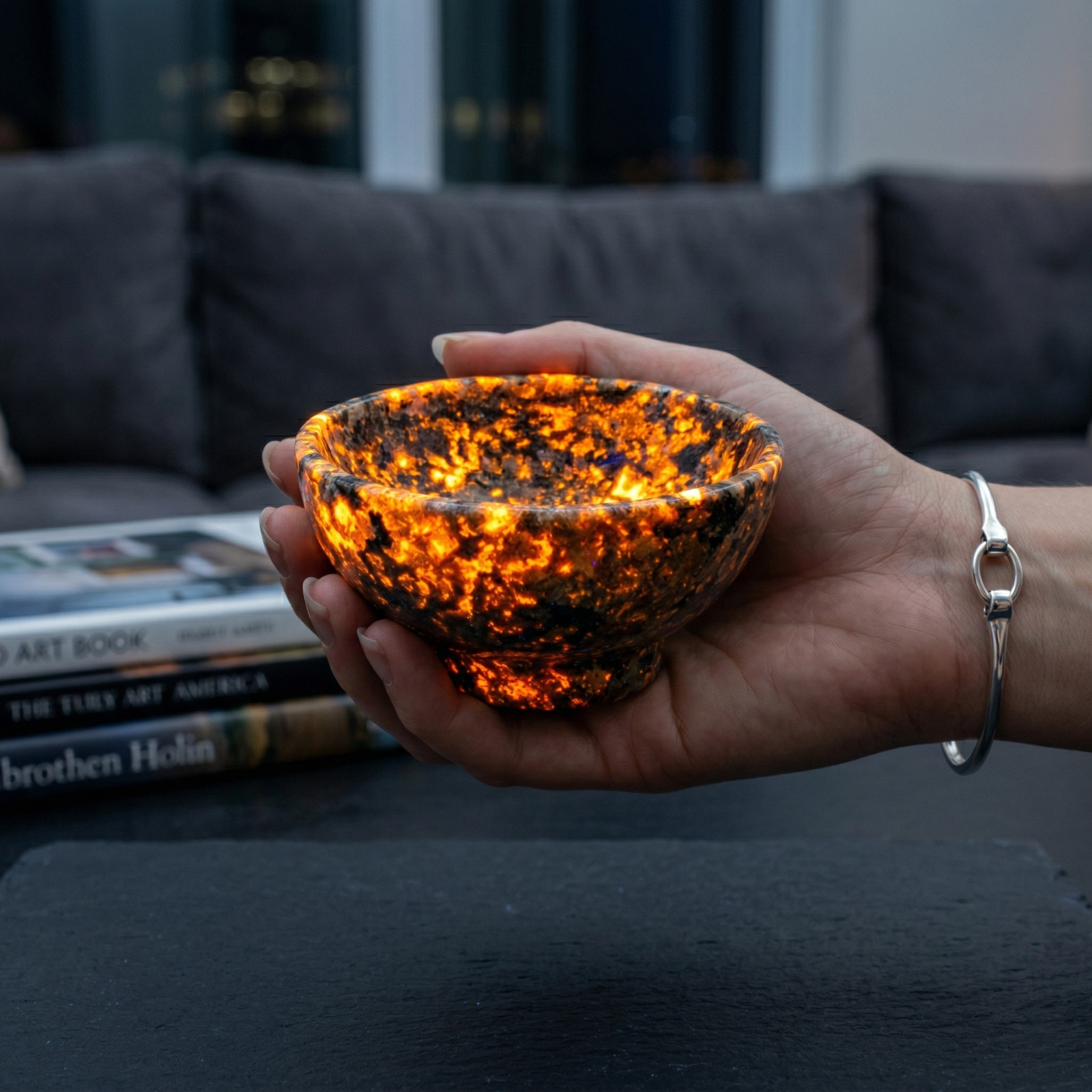 Natural Yooperlite Crystal Bowl UV Reactive Flame Stone Home Decor& Gifts Woman