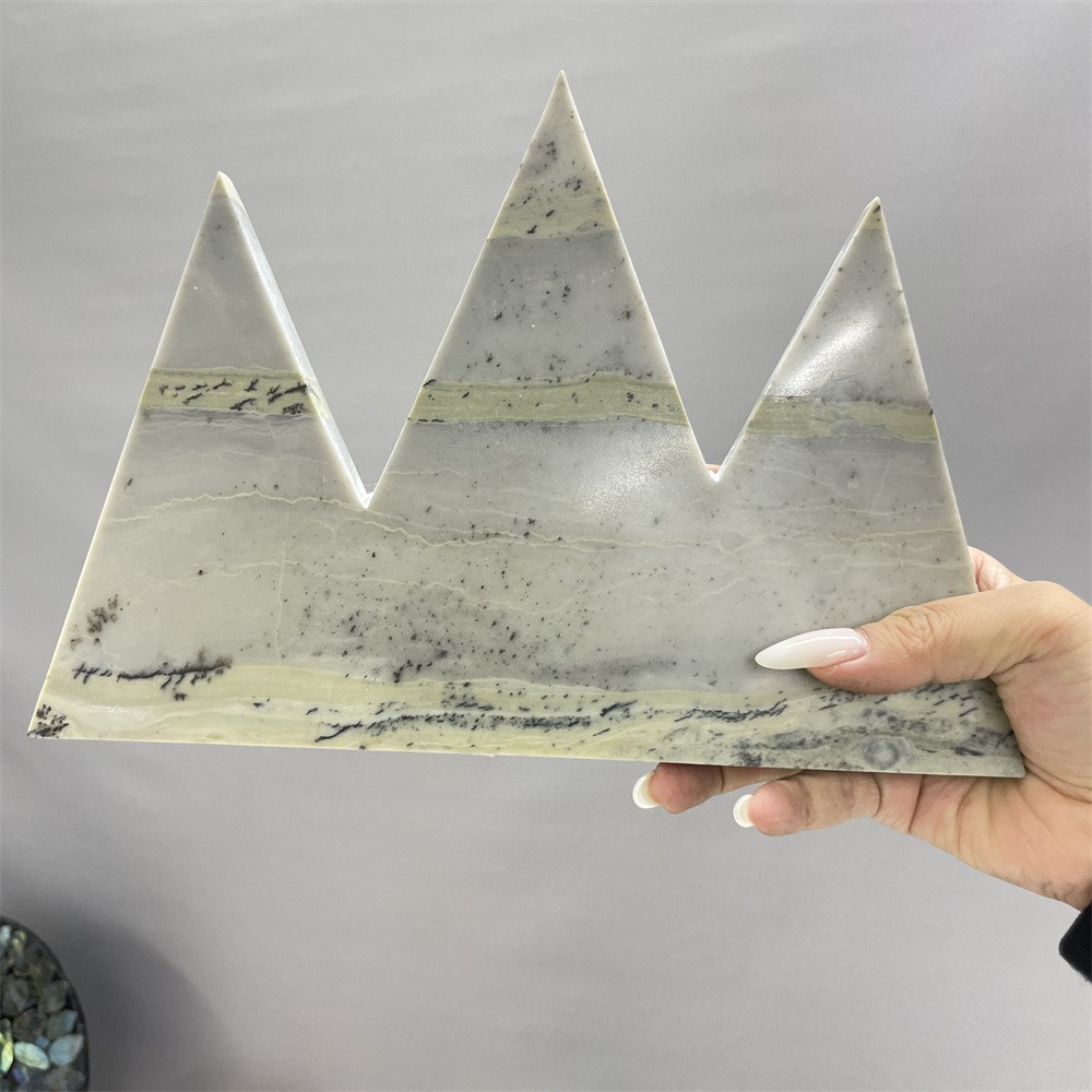 2.9LB 9.6″ Natural Dendritic Jade Triangle Mountain Decor Crystal Quartz Energy