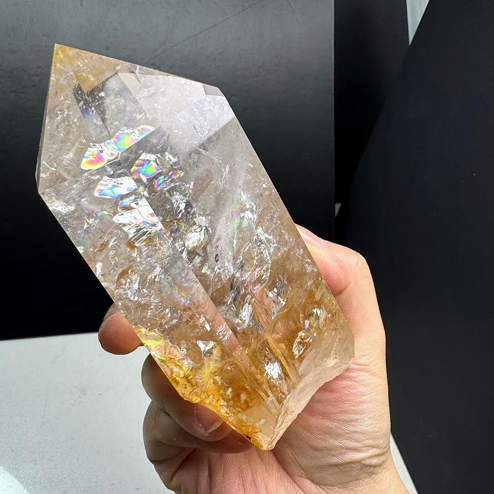 2.2LB Natural Rainbow White Quartz Obelisk Crystal Energy Tower Reiki +Stand