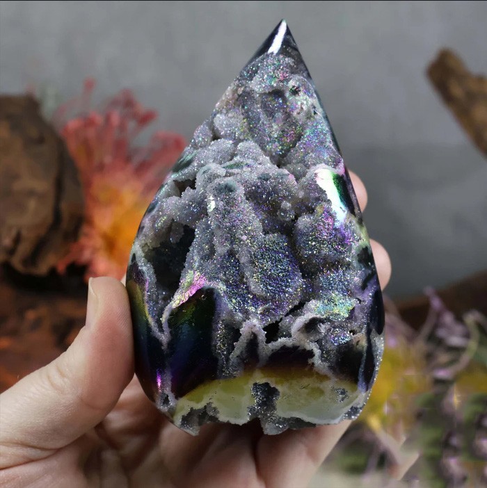 150-200g Titanium Angel Aura Sphalerite Flame Tower Rainbow Crystal Cluster