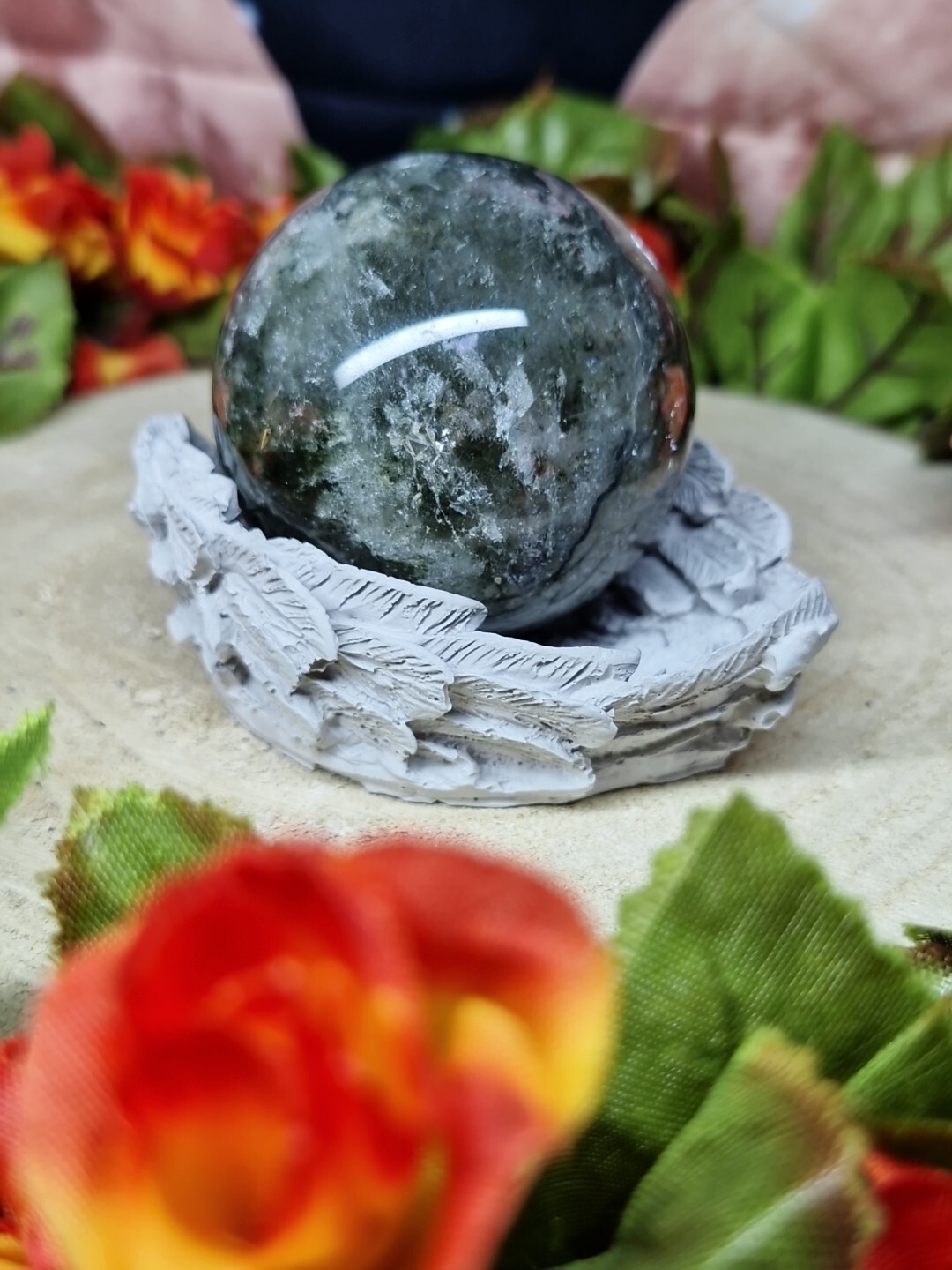 Beautiful Garden Quartz Crystal Sphere 5cm 176g & Handmade Wing Holder