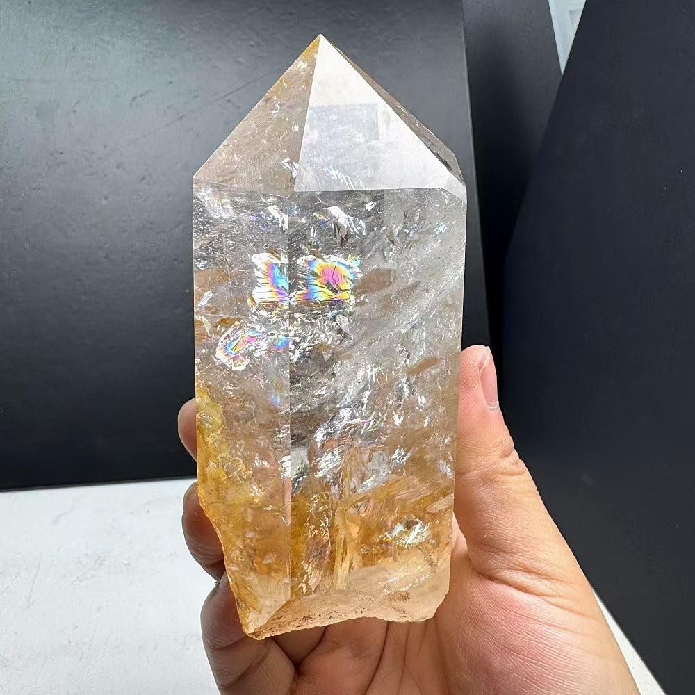 2.2LB Natural Rainbow White Quartz Obelisk Crystal Energy Tower Reiki +Stand