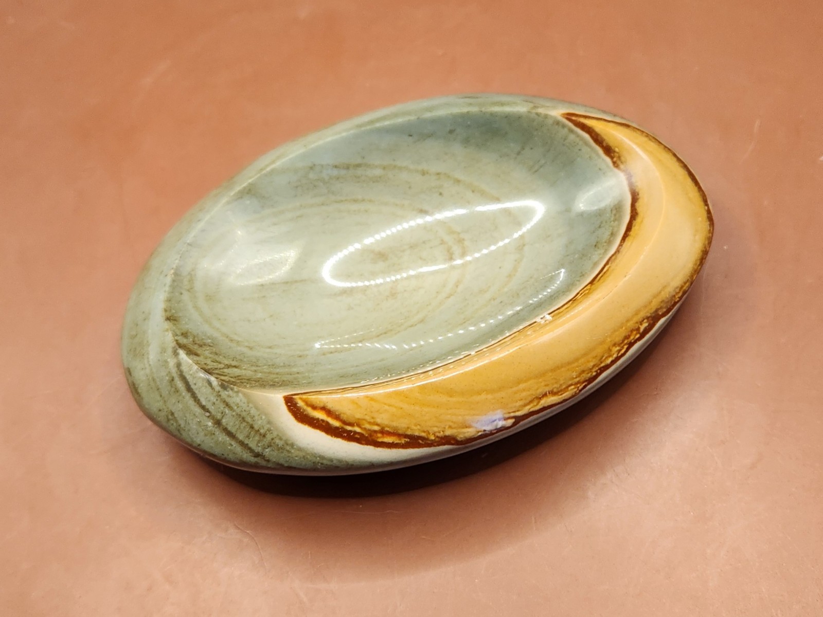 Matching Pair Polychrome Jasper Carved Dishes Teal Orange Madagascar Set
