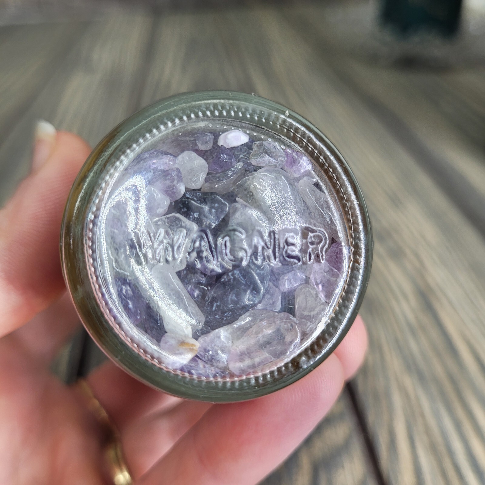 4oz Amethyst Crystal Chips in Apothecary Vintage Glass Jar “Fancies” Wagner