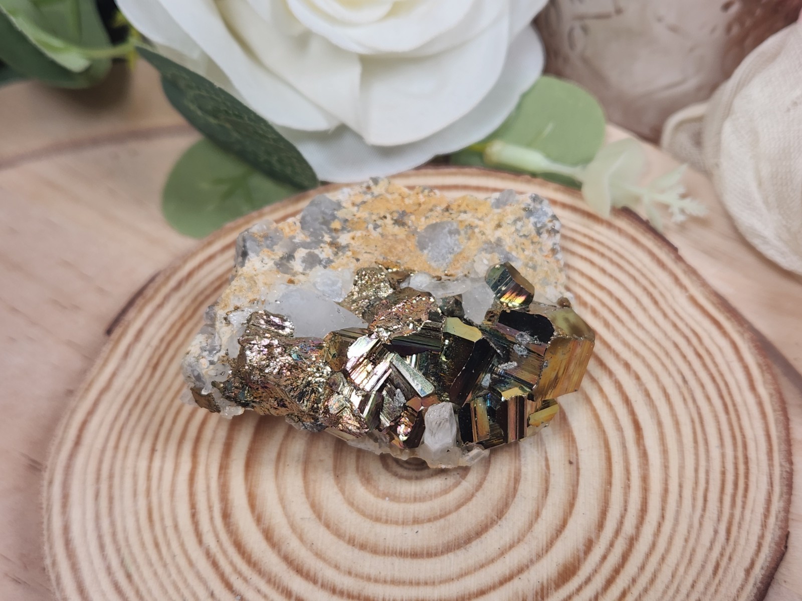 Iridescent Pyrite on Quartz 68g Indonesia Rainbow Metallic Crystal Cluster M