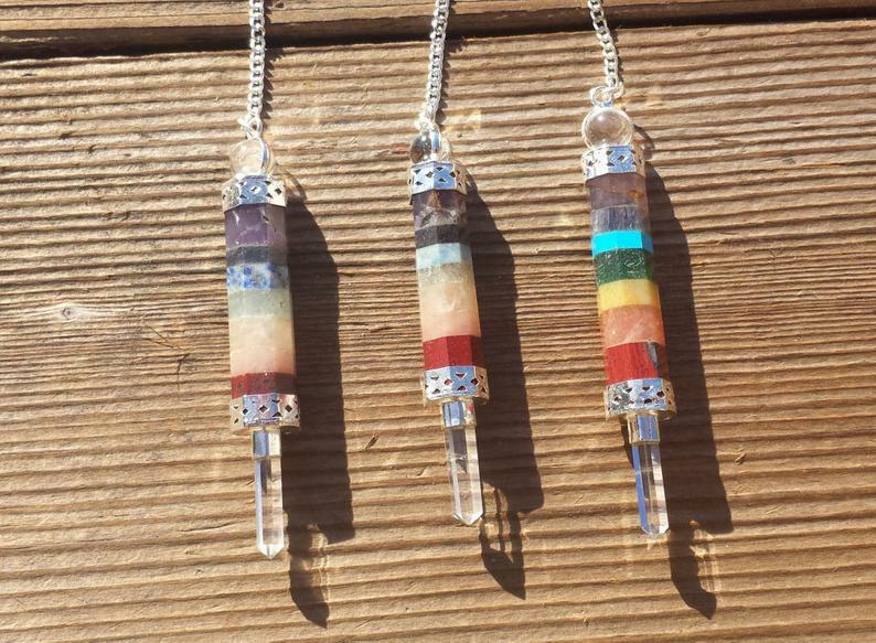 7 CHAKRA BONDED NATURAL GEMSTONE 3 STONE WAND PENDULUM (ONE)