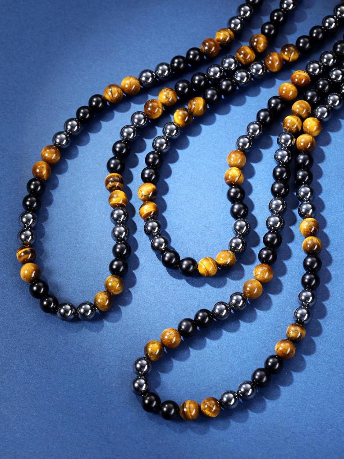 Jovivi Mens Healing Crystal Black Obsidian Tigers Eye Hematite Beaded Necklace N
