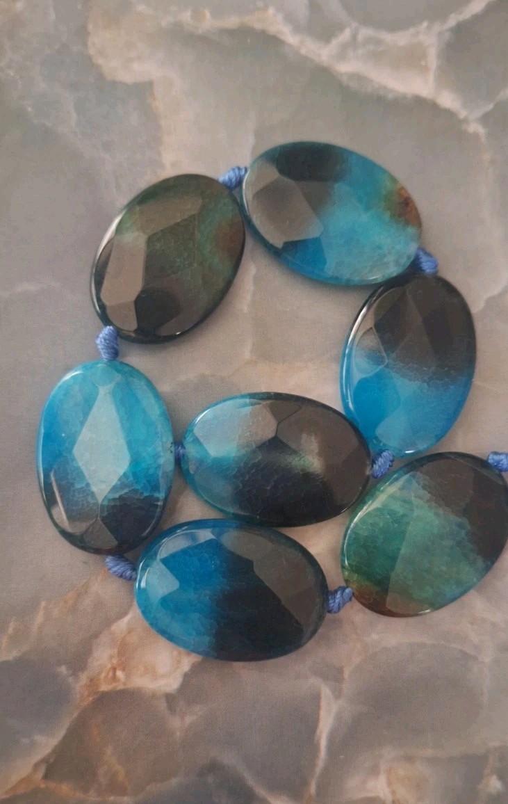 Natural Agate Teal Black Strand 10 Inches Faceted Flat Stones A-5