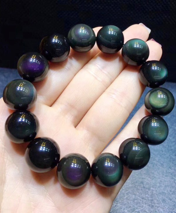 16mm Natural Rainbow Black Obsidian Gemstone Round Beads Stretch Bracelet