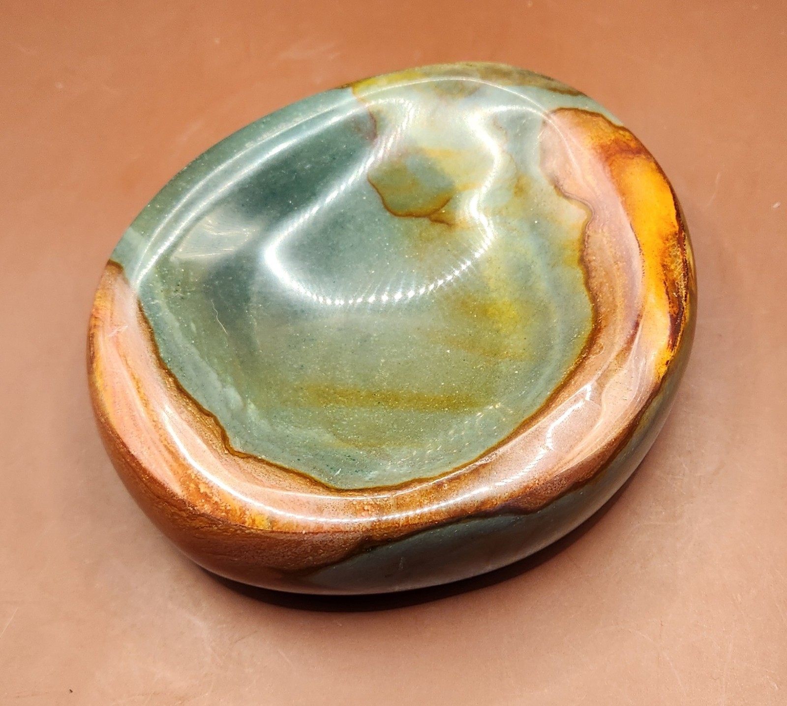Matching Pair Polychrome Jasper Carved Dishes Teal Orange Madagascar Set