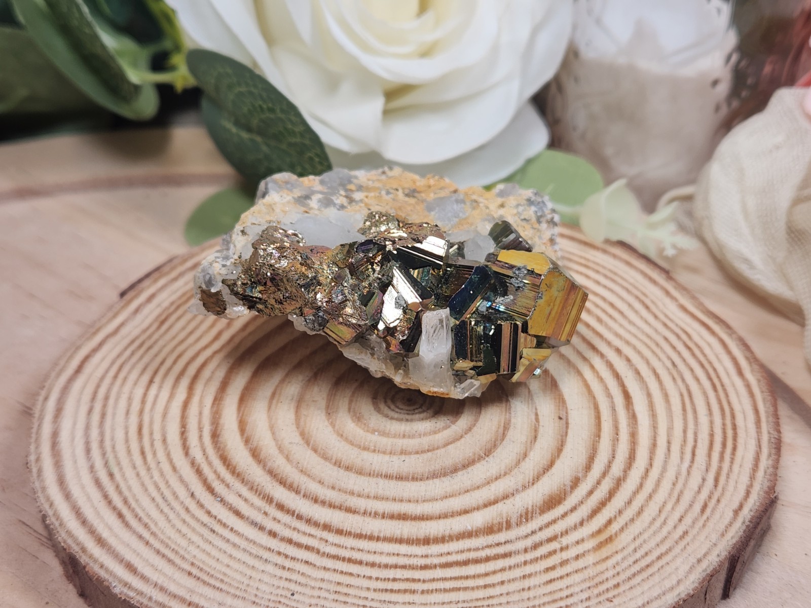 Iridescent Pyrite on Quartz 68g Indonesia Rainbow Metallic Crystal Cluster M