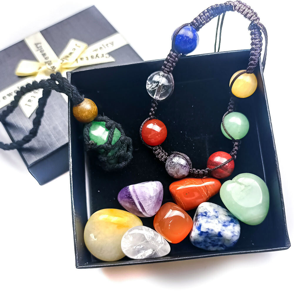 Spiritual Meditation Crystal Heart Healing Crystal 7 Chakra Tumbling Stone Set