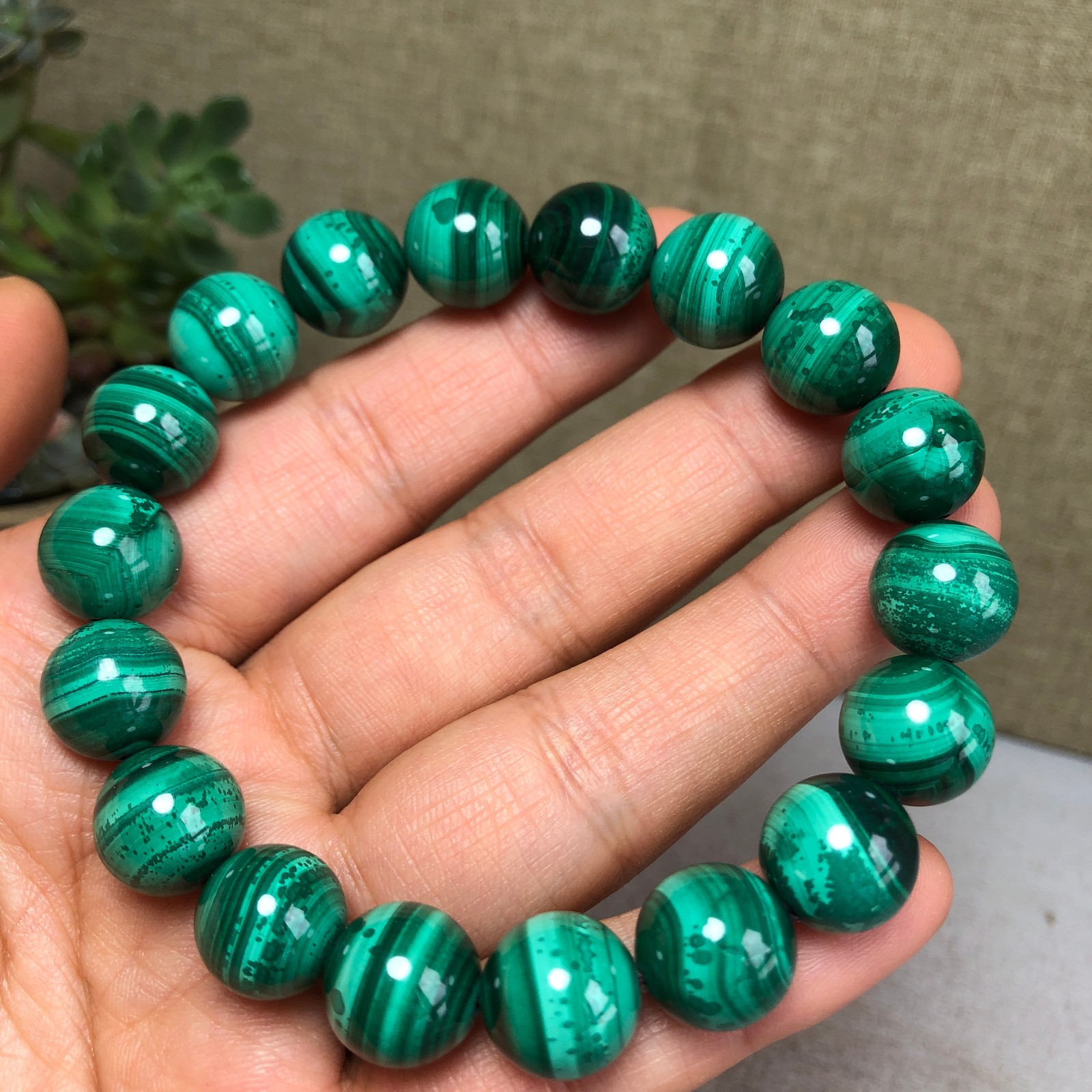 12mm Natural malachite gemstone Crystal chain beads bracelet 67g A4759