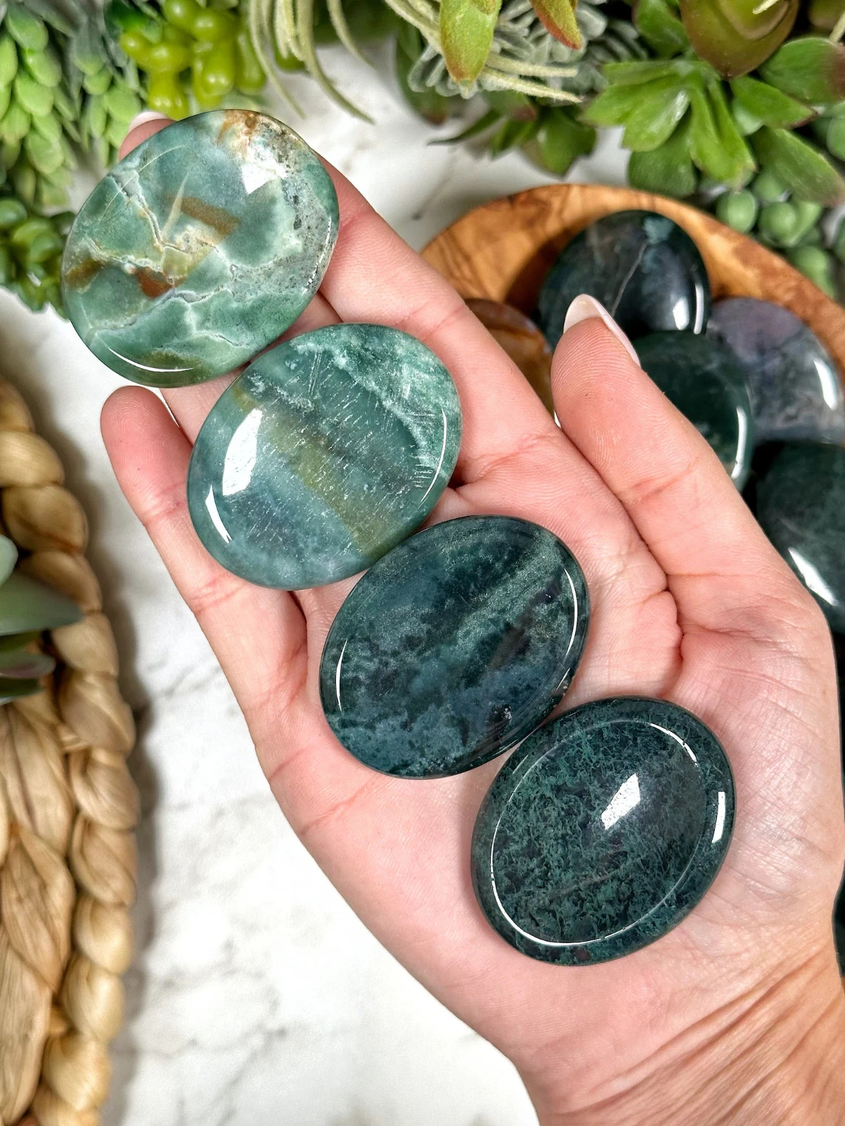 Genuine AAA Moss Agate Worry Stone Green Thumb Healing Crystal Meditation Tool