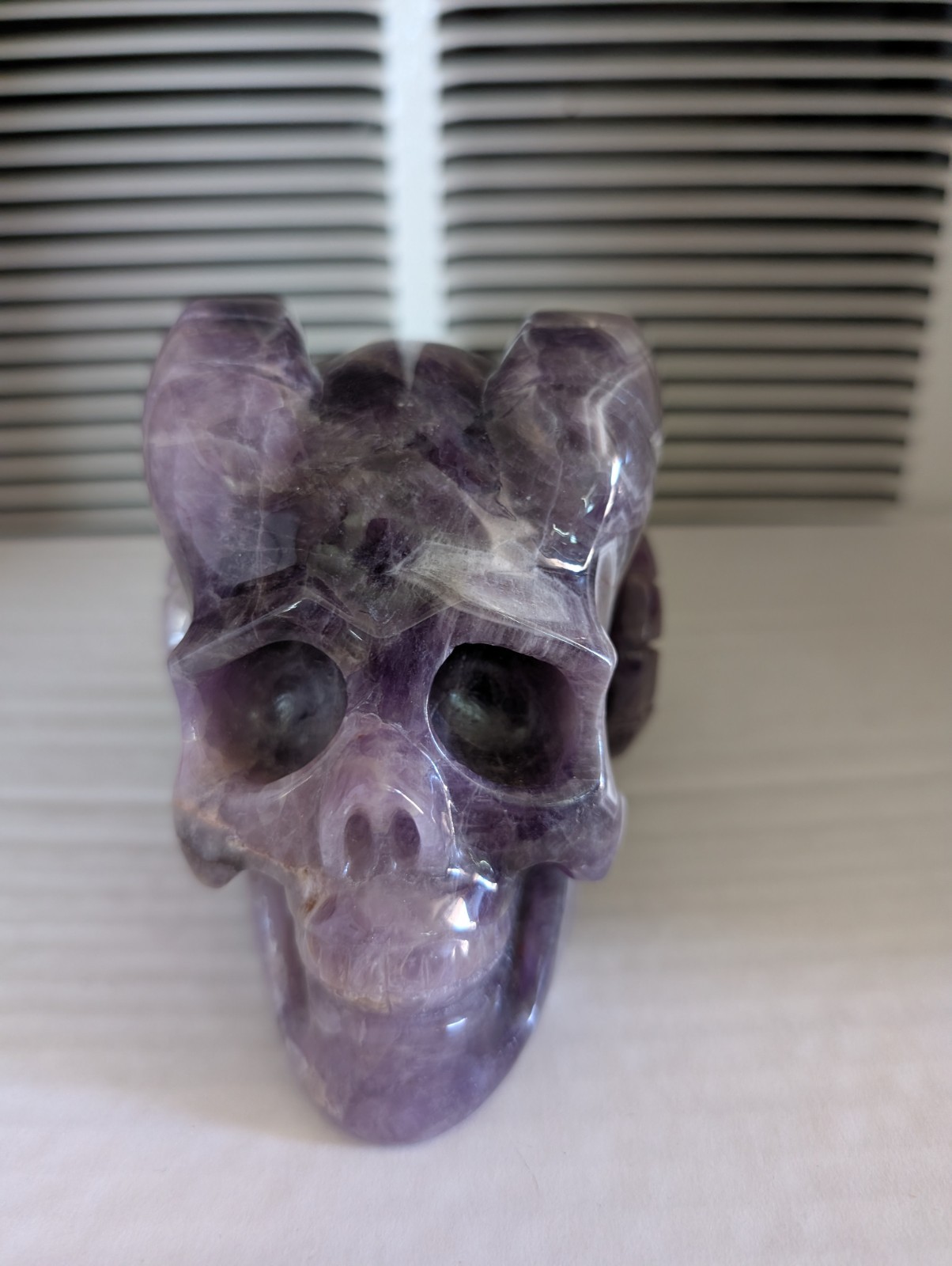 1.09kg Natural Dream amethyst Carved Rams Horn Human Skull Quartz Crystal
