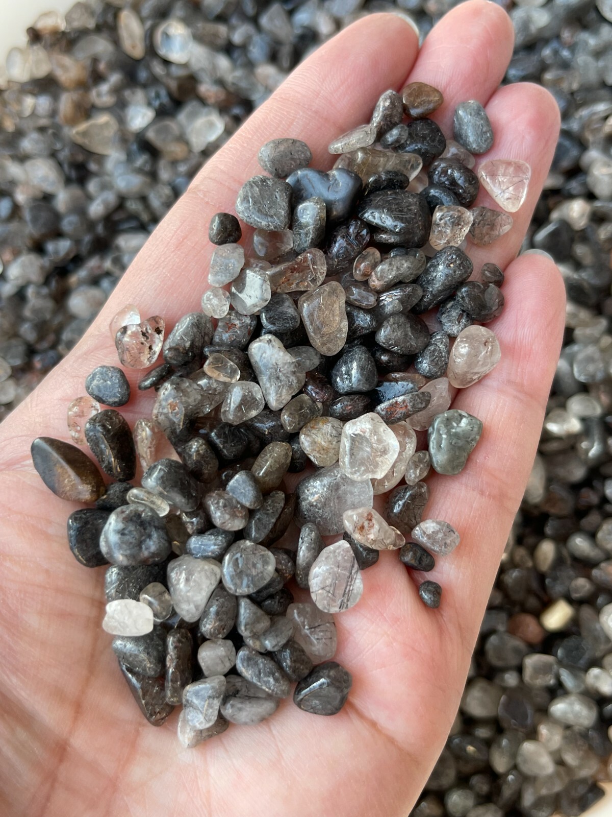 Black Rutilated Quartz Semi Tumbled Gemstone Chips 5-12mm, Wholesale Bulk Lot