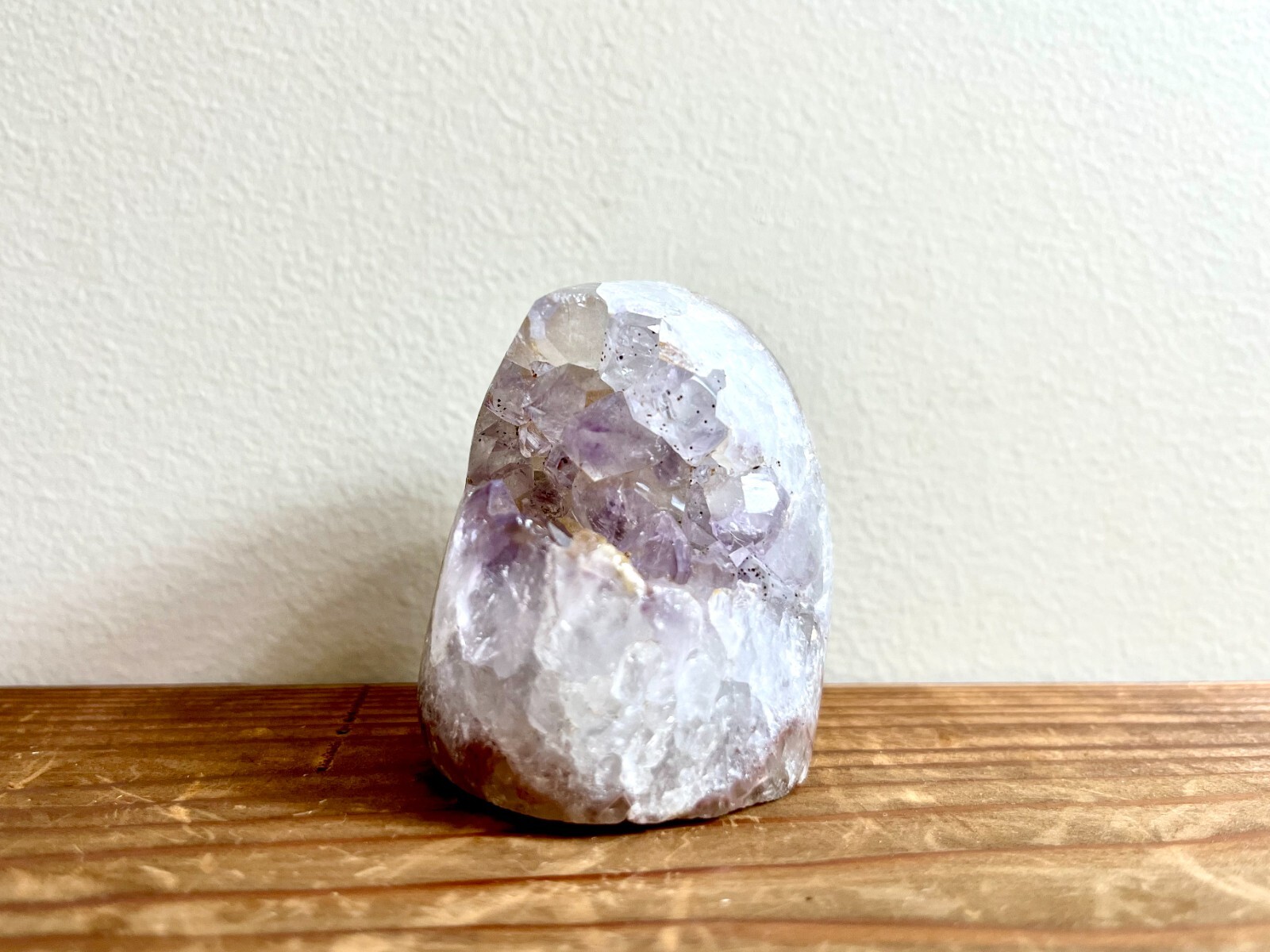 Natural cute light purple amethyst geode crystal, hematite inclusion & rainbows