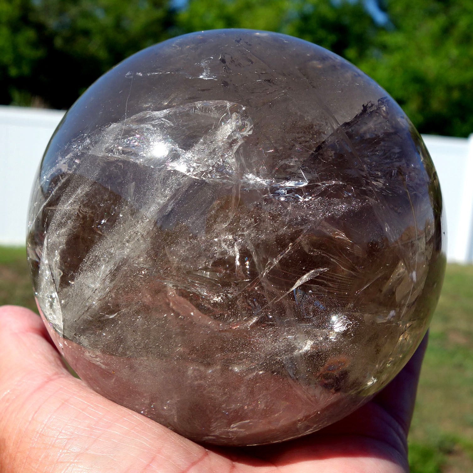 Large 4 Inch SMOKY QUARTZ Crystal Sphere Ball with RAINBOWS from Brazil