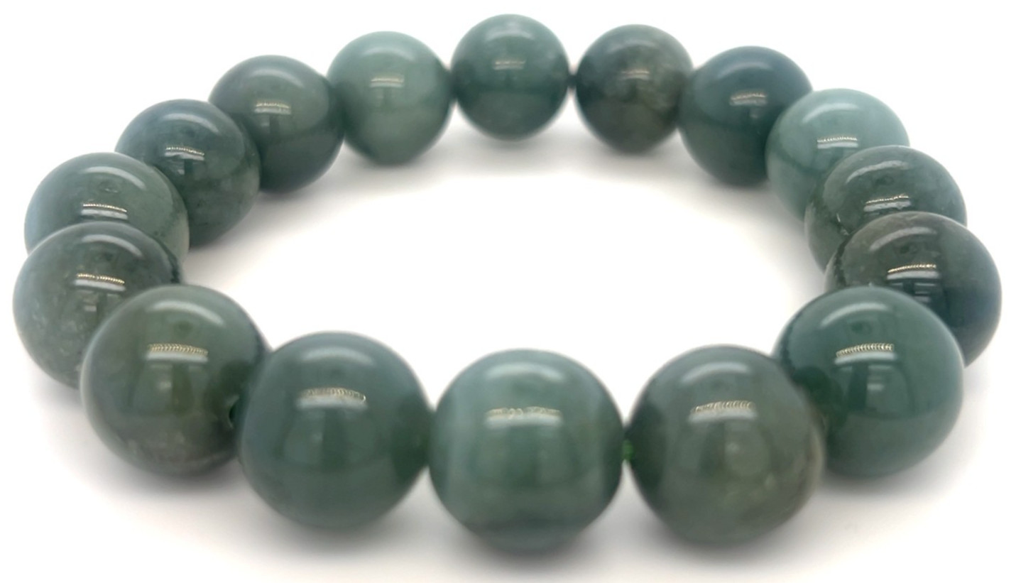 Type A Natural Jadeite Bracelet 353ct – Green 13mm Beads 翡翠缅绿