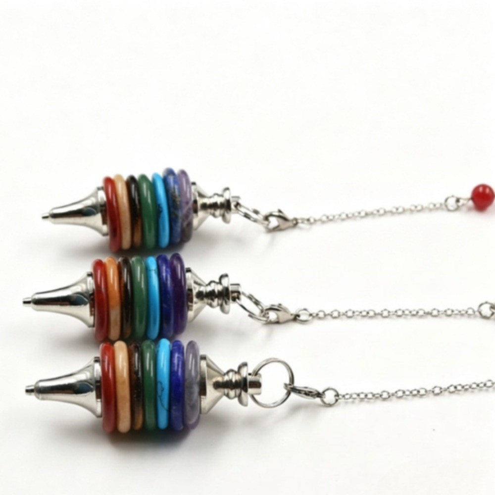 Natural Seven Chakra Crystal Disc Pendulum Dowsing Pendant HandCrafted Healing