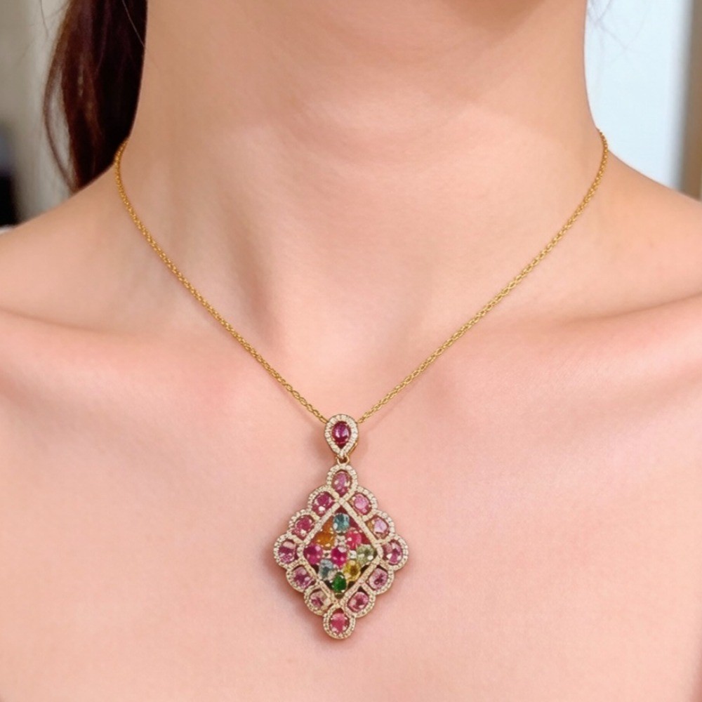 Natural Tourmaline Gemstone Pendant Necklace Jewelry S925 Silver Plated18K Gold