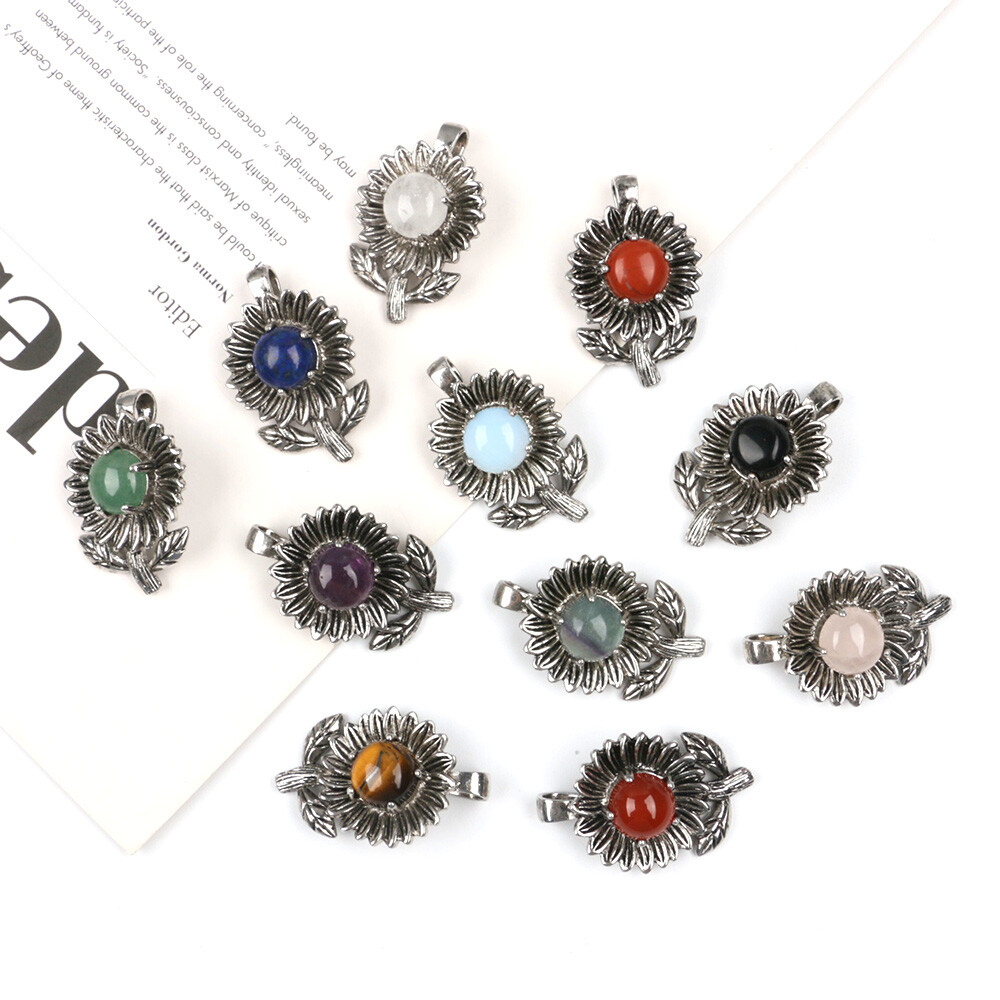 1pc Chakra Crystal Sunflower Pendants Round Beads Quartz Gemstones Healing Reiki