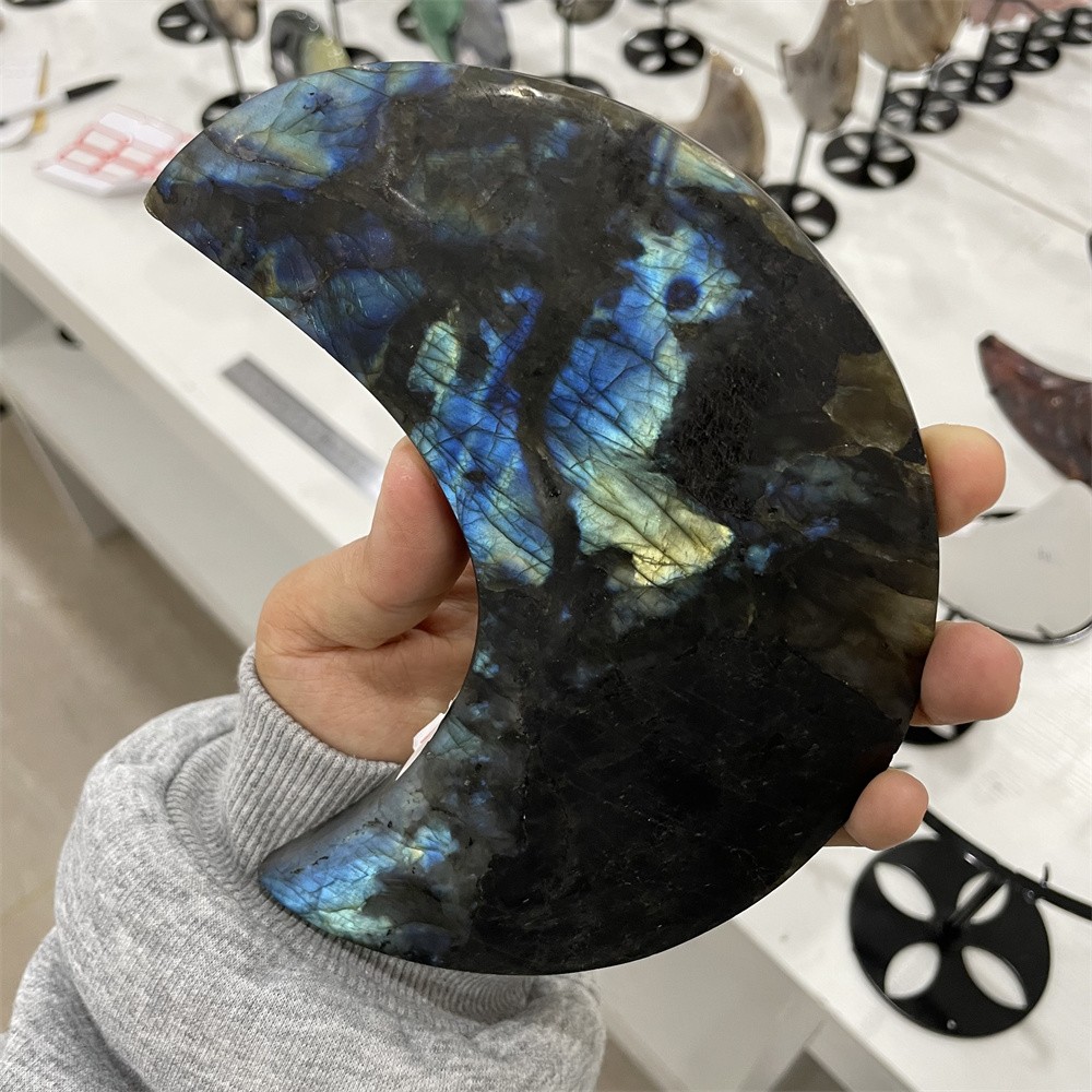 1.5LB 9.6″ Natural Labradorite Blue Moon Statue Crystal Reiki Carving Decor