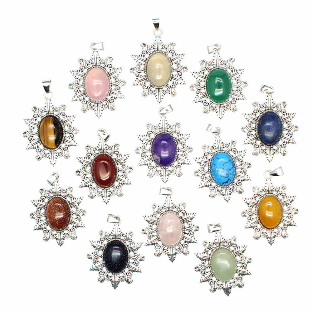 Natural Oval Bead Flower Leaves Pendant Stone Crystal Jewelry Healing Gift Reiki