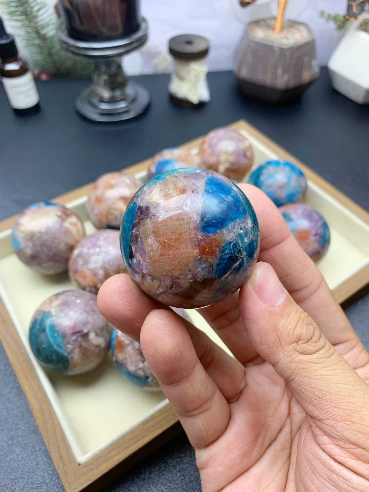 5cm Crystal Ball, Blue Apatite Sunstone Purple Mica Resin Composite Wooden Stand