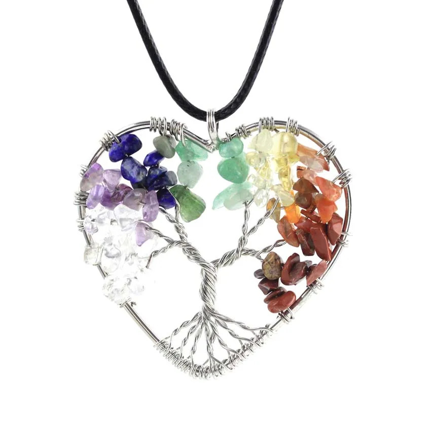 KFT Natural Tree of Life Stone Pendant Amethysts Crystal Reiki Wire Wrapped roun