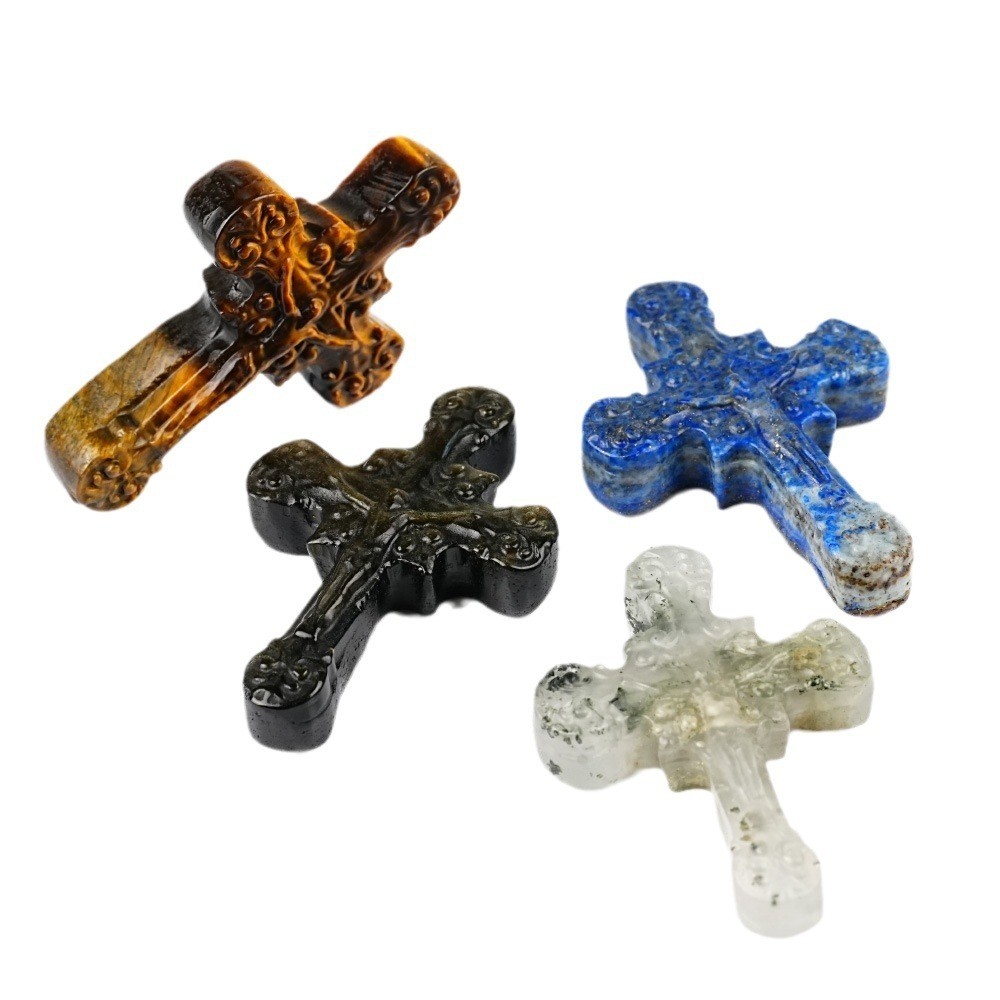 Natural Mixed Crystal Carved Cross Religious Reiki Healing Stone Jewelry Gift