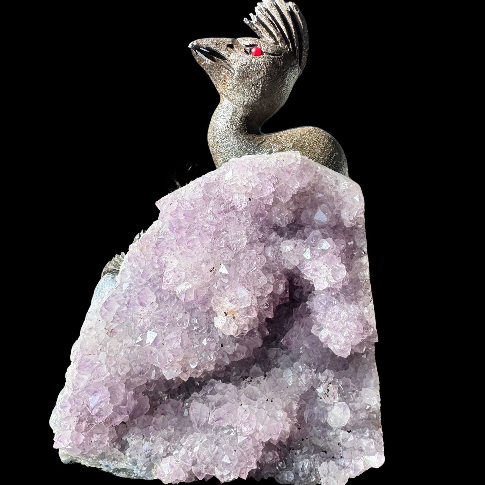Museum Hand Carved Peacock on Natural Amethyst Cluster – Royal Art, Free Ship