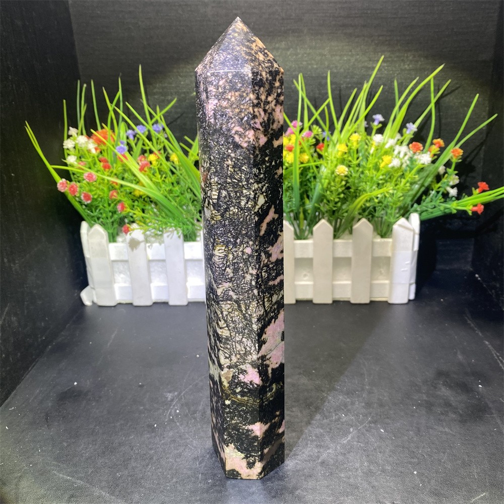 1.9LB 9″Natural Unique Pink Rhodonite Obelisk Crystal Reiki Tower Heal Decor