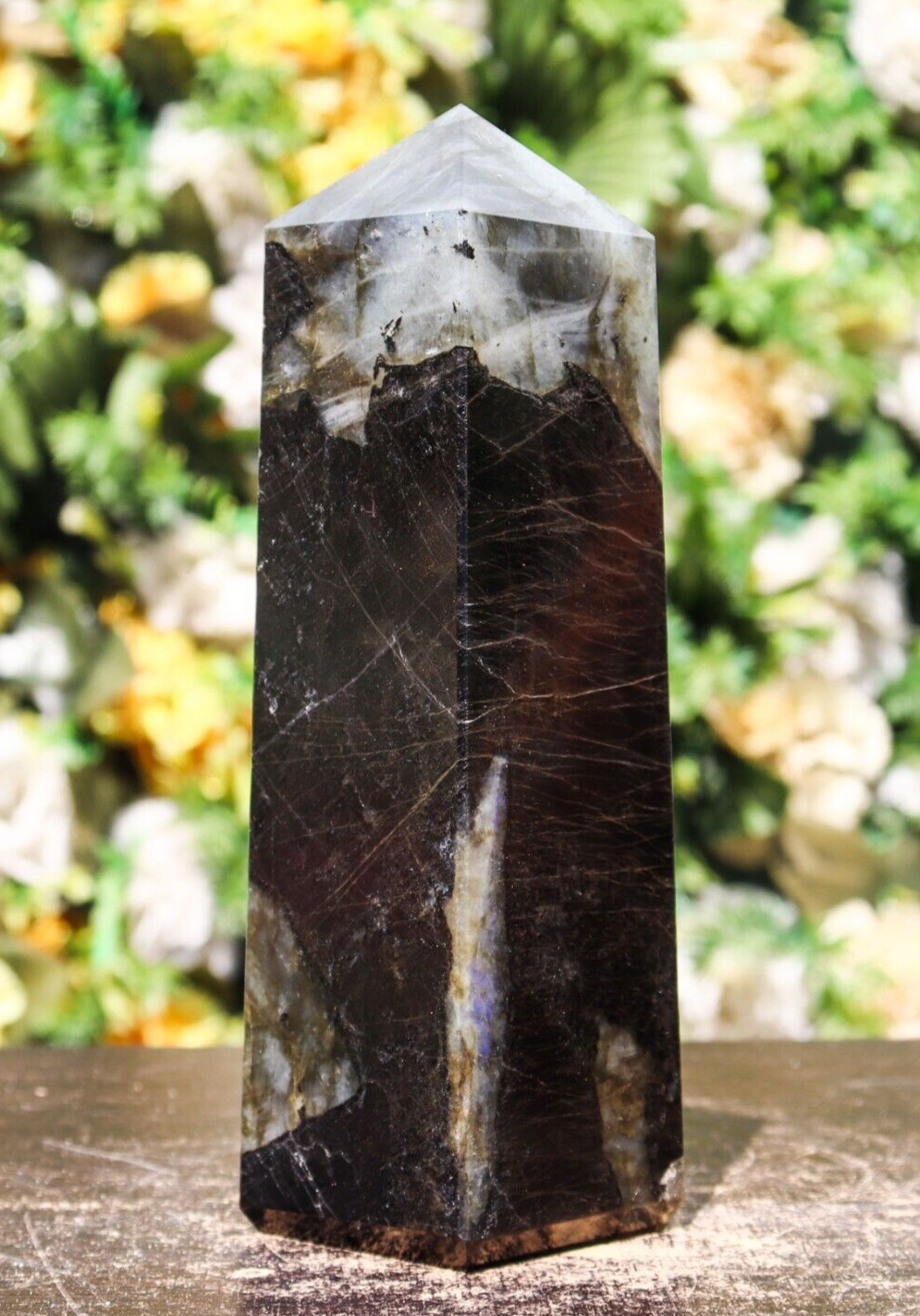 180MM Black Tourmaline Labradorite Obelisk Chakra Energy Gemstone Faceted Tower