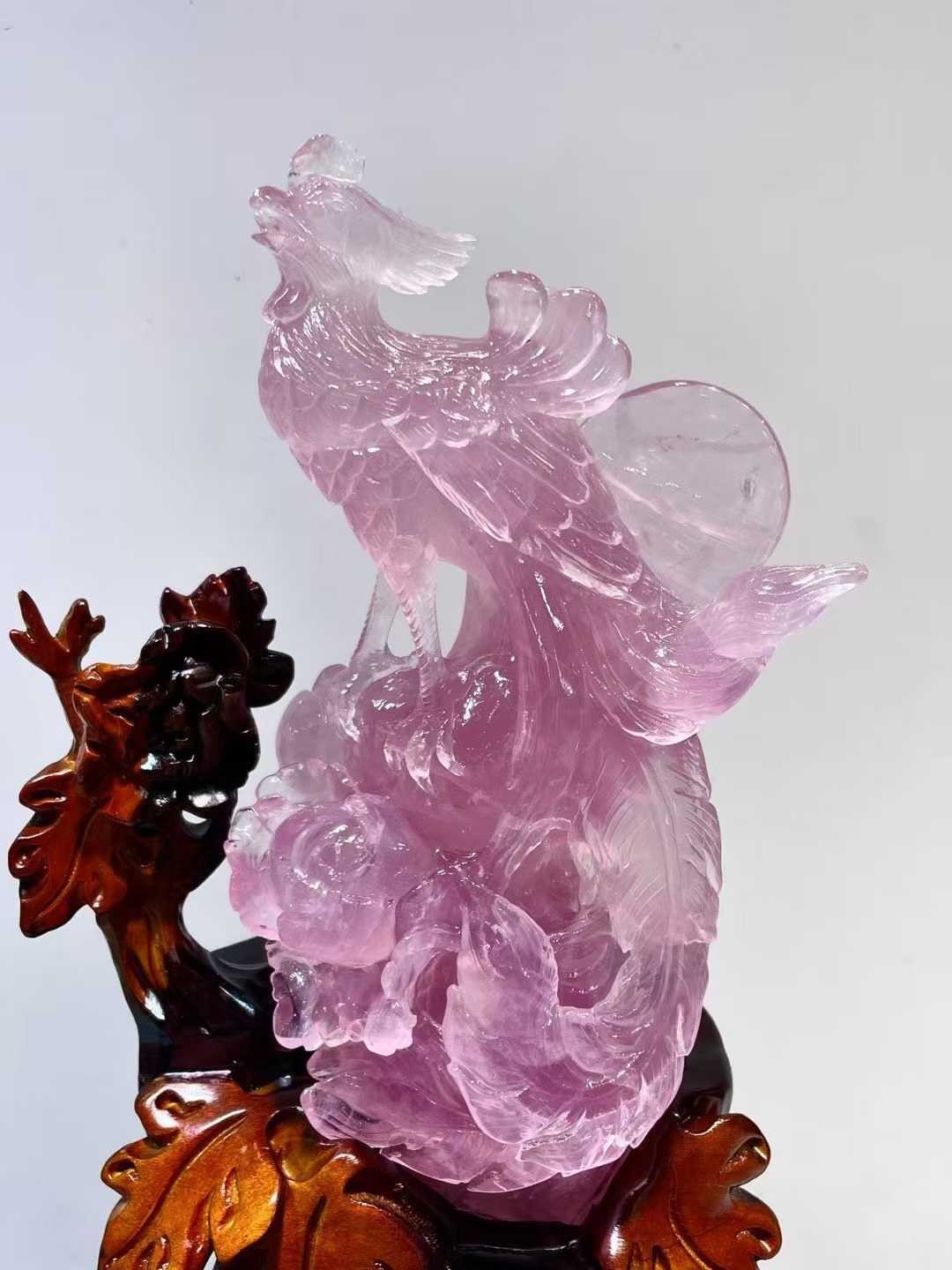 4.3LB Natural Pink Rose Quartz Carved Phoenix Skull Crystal Reiki Decor+Stand