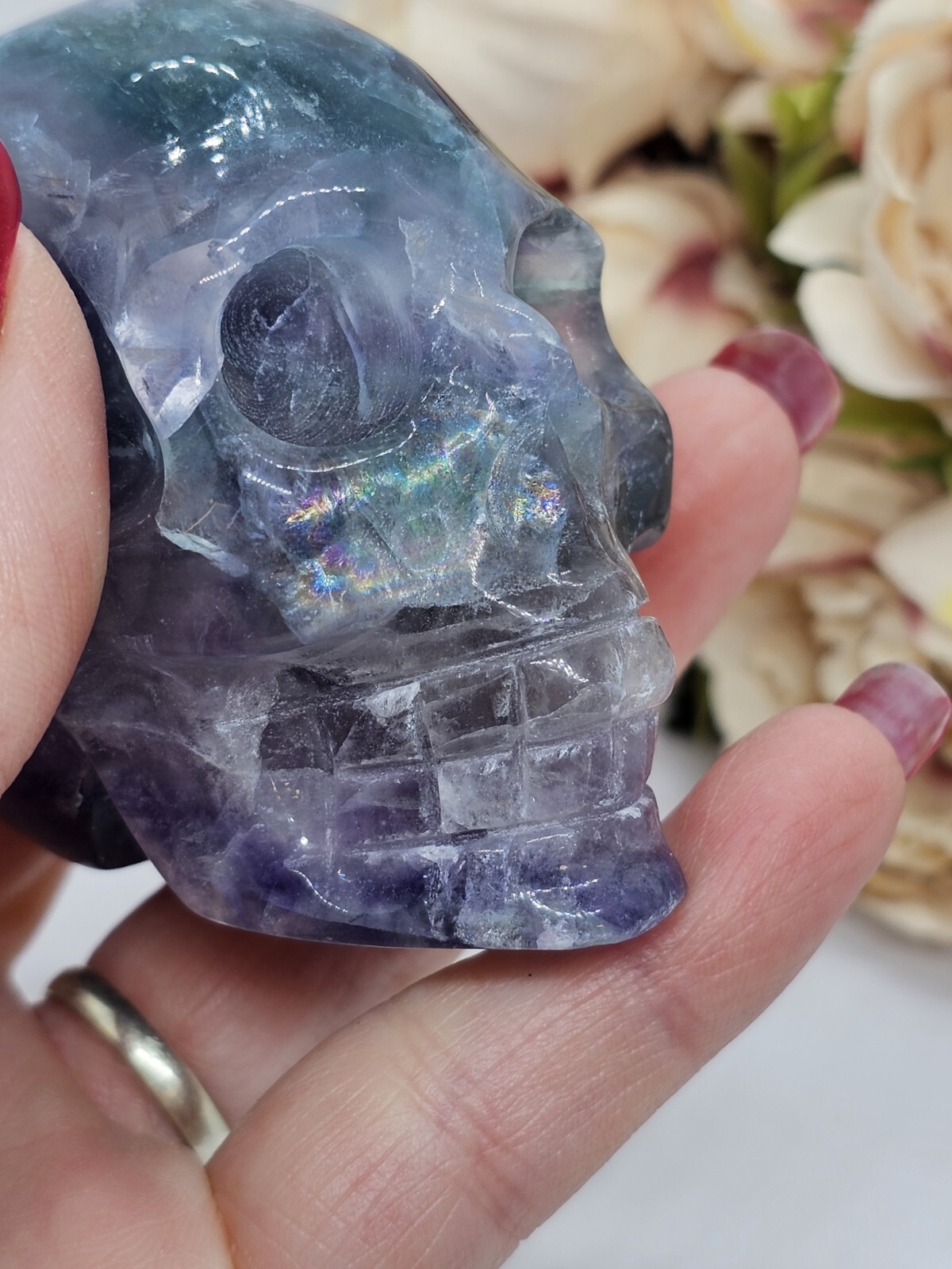 Rainbow Fluorite Skull Crystal Carving 248g Purple Green Blue 5x 6 x 4cm