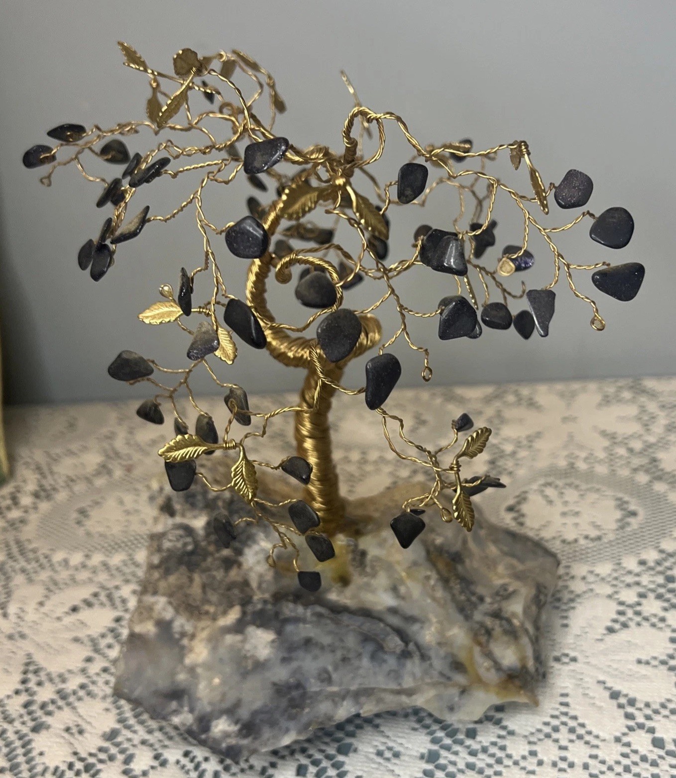 Vintage MCM Gemstone Twisted Brass Wire Tree of Life Bonsai – V3