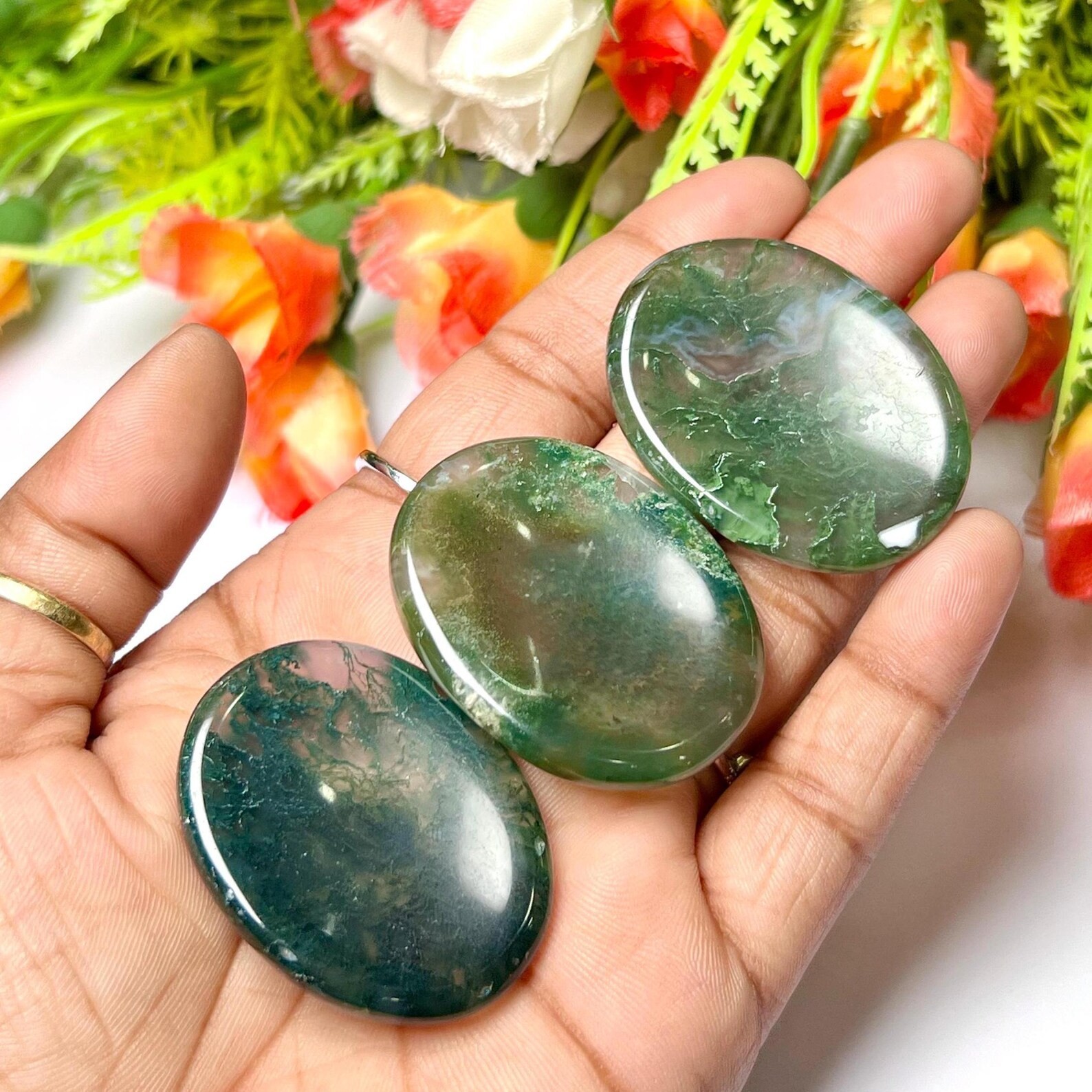 Genuine AAA Moss Agate Worry Stone Green Thumb Healing Crystal Meditation Tool