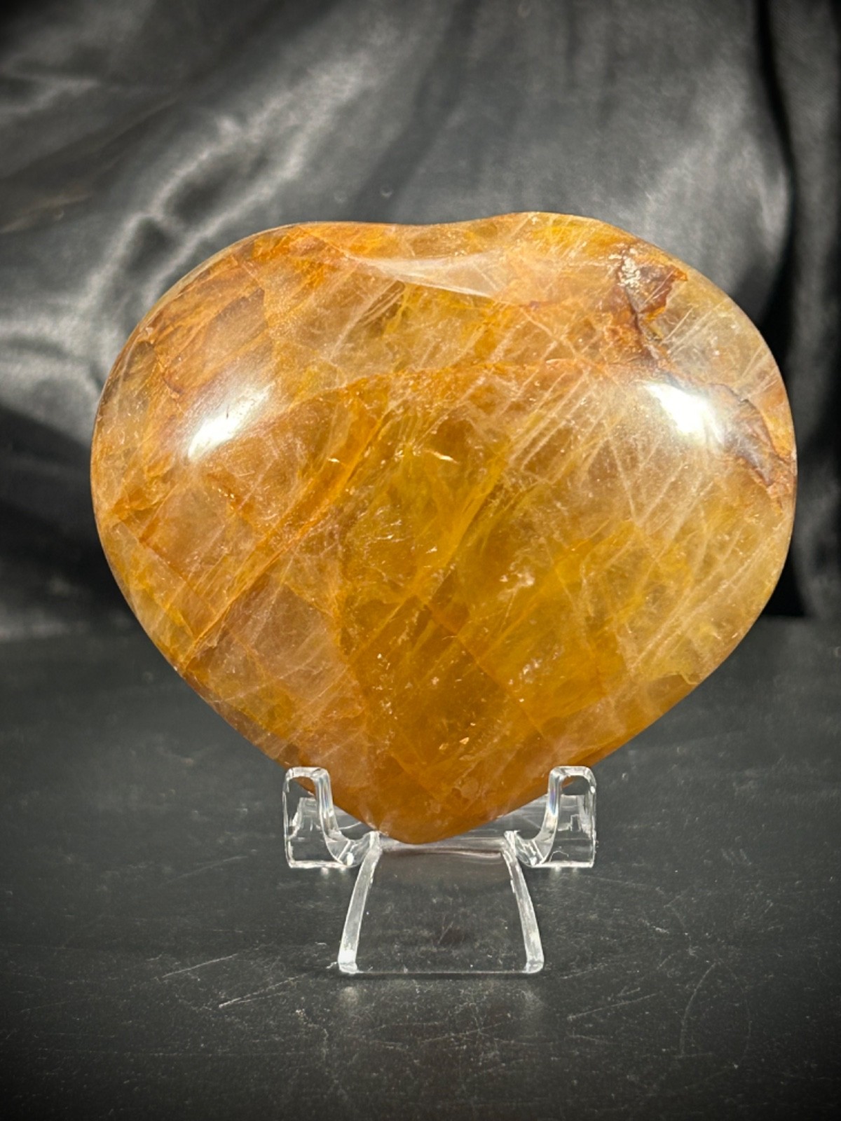 2.71″ Hematoid (Golden Healer) Quartz Heart With Acrylic Stand 7oz (198 grams)