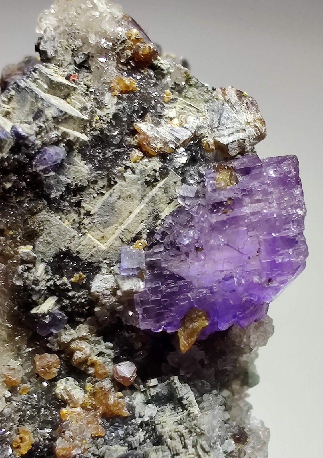 Fluorite on Galena, Sphalerite, Quartz crystals. Illinois. 25 grams.