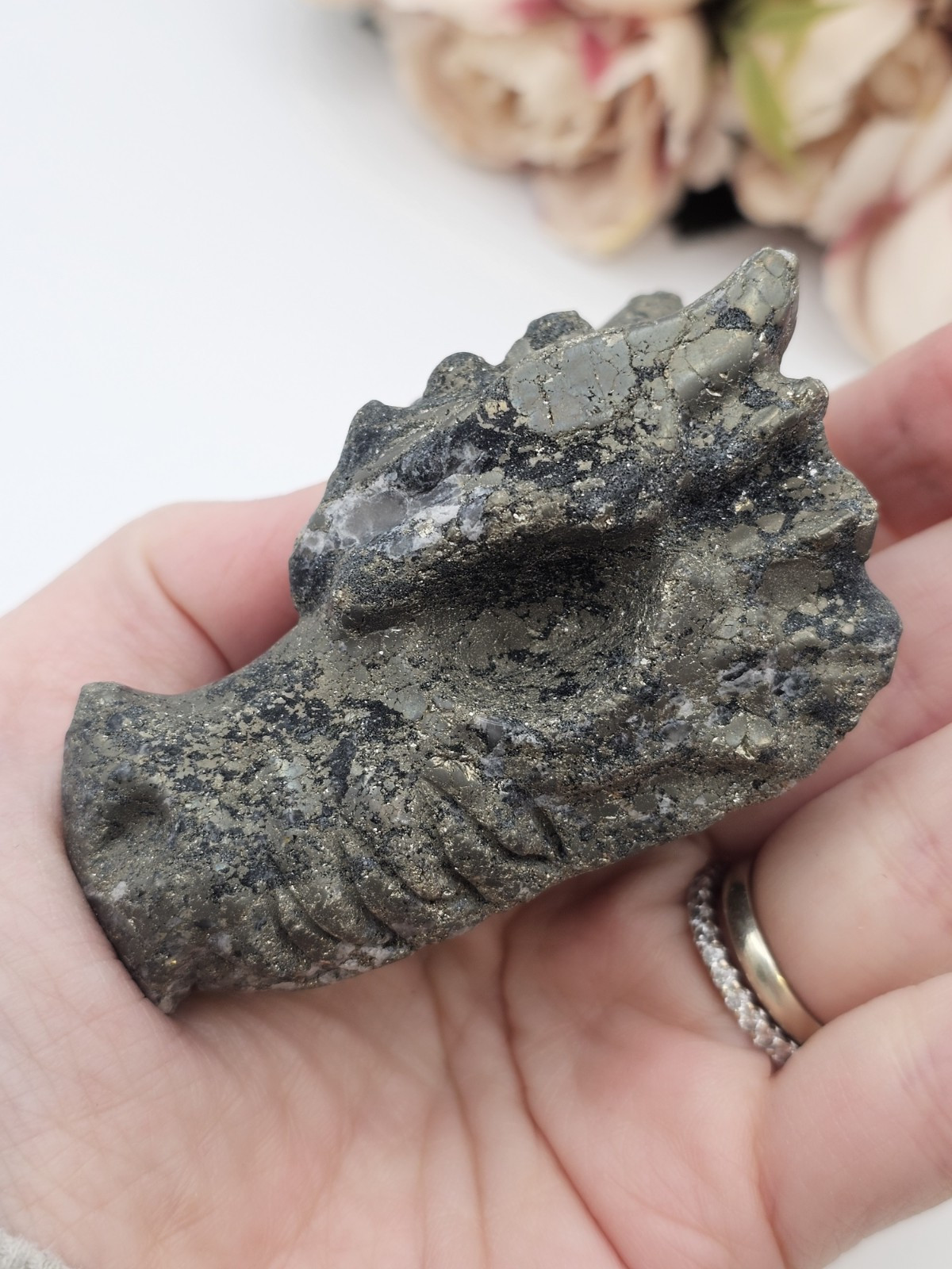 Pyrite crystal Dragon head Carving 6.7 X 4cm 193g Abundance Wealth