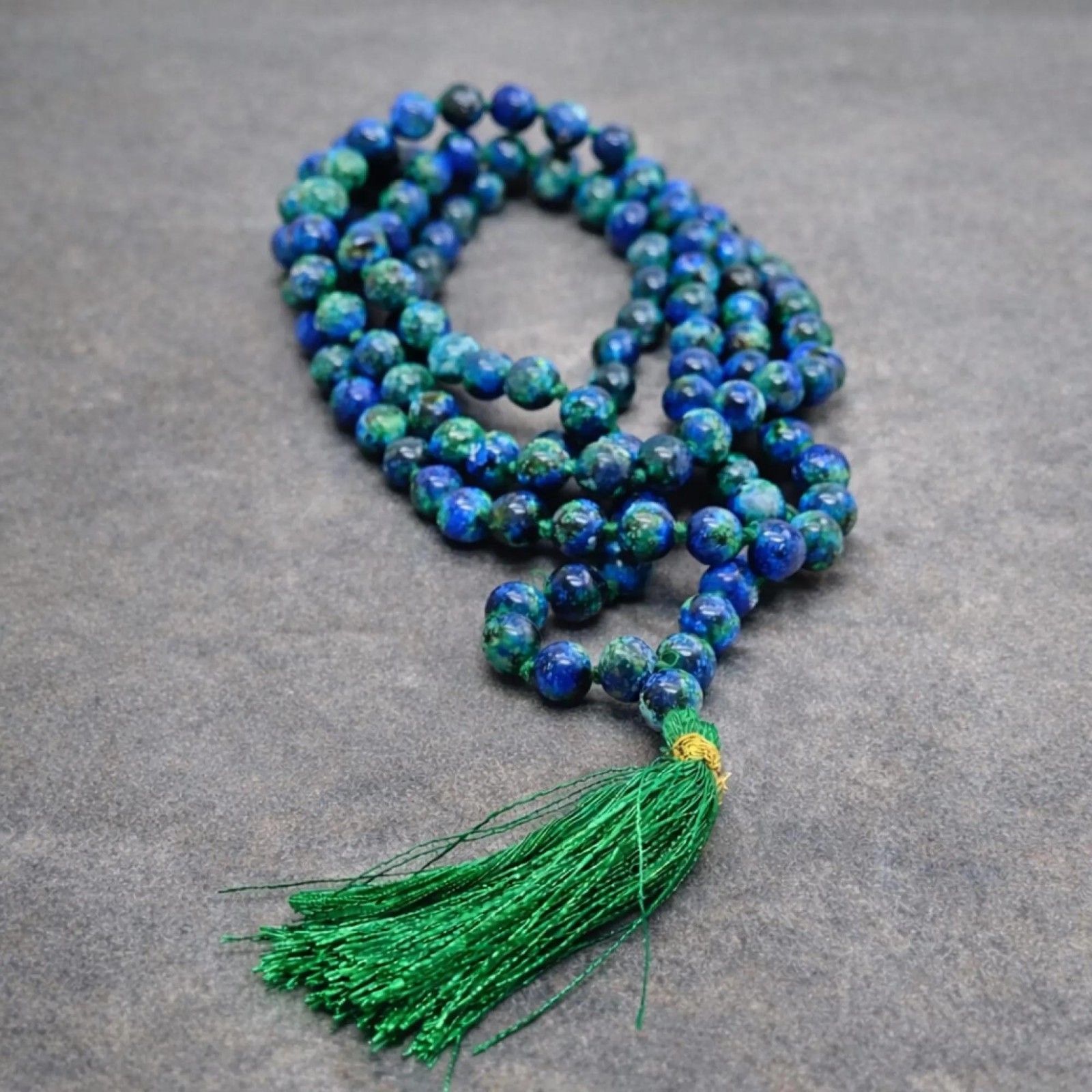 Chrysocolla Bead Necklace 43 Inch Knotted 8mm Gemstone Strand Tassel & Bag