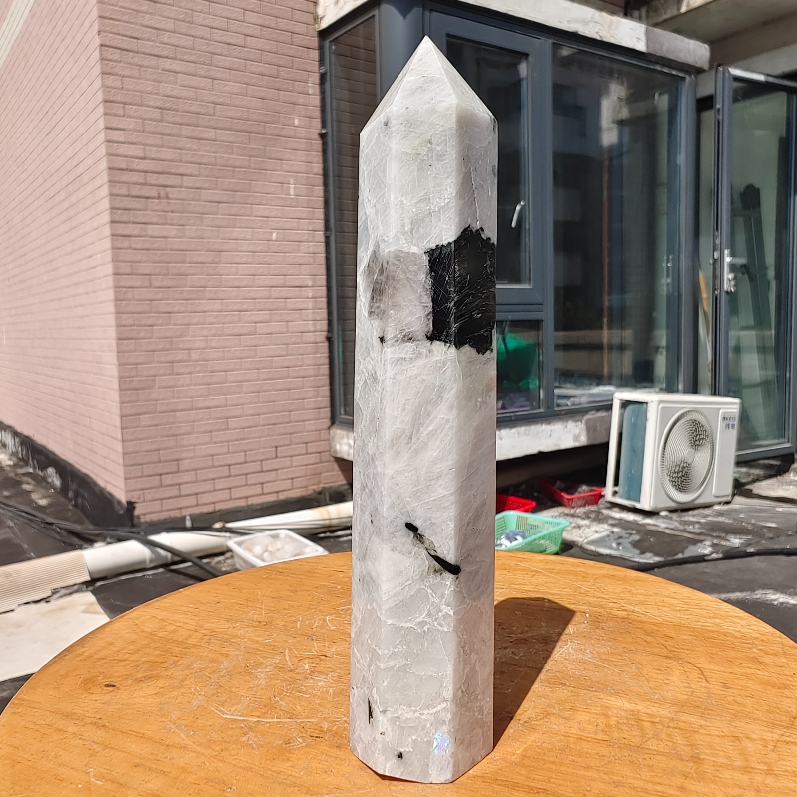 489g Large White Rainbow Moonstone Crystal Obelisk Tower Point Quartz Healing