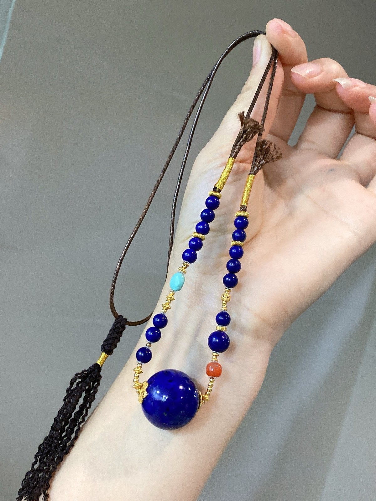 Glossy Old Mine Lapis Center Bead Choker Gold Wrapped Multi Stone Short Necklace