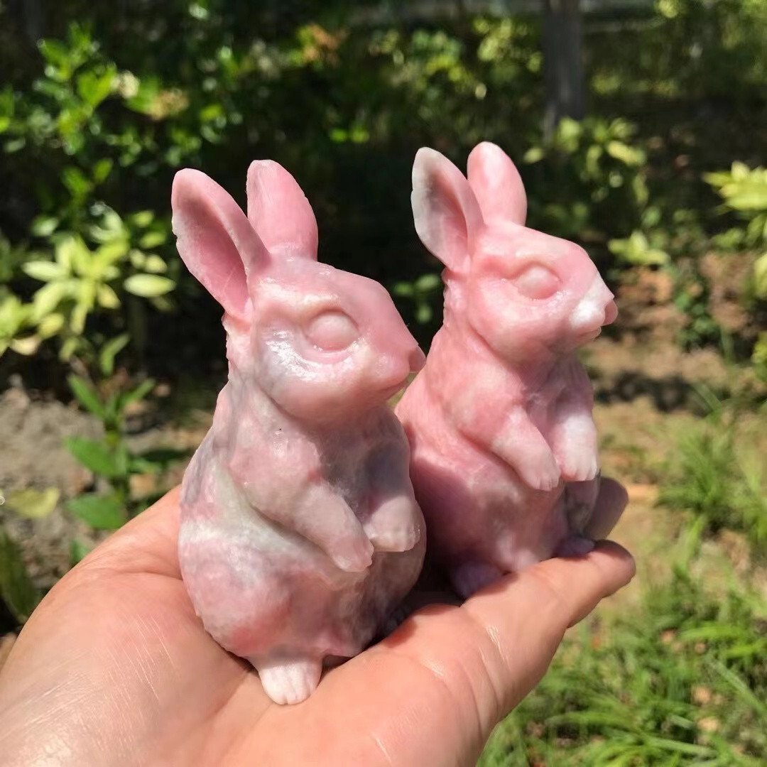 1pc natural Pink opal quartz crystal handmade rabbit skull healing gift decor