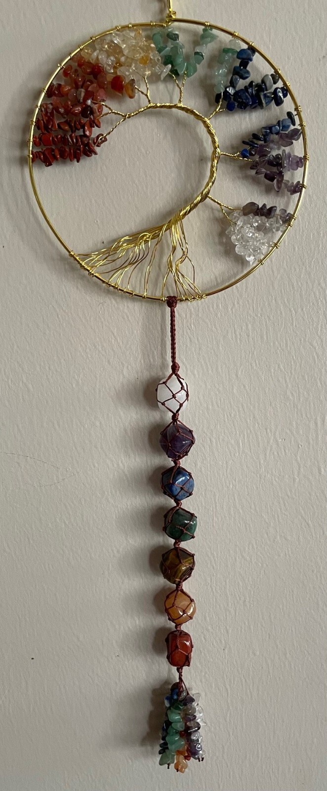 Chakra Tree of Life Wall Hanging, Suncatcher, 7 natural stones, 17.5″Lx6″W