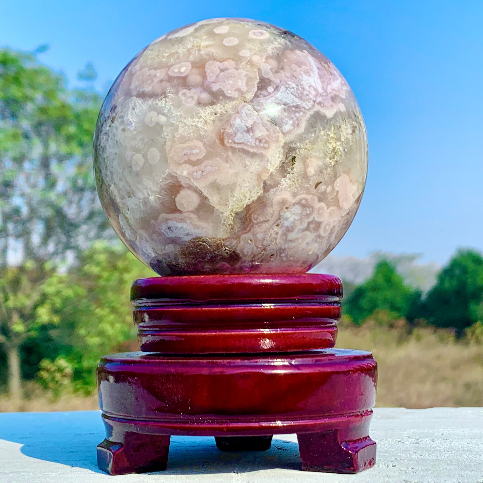1.92LB Natural Pink Cherry Blossom Agate Geode Quartz Sphere Crystal Energy Ball